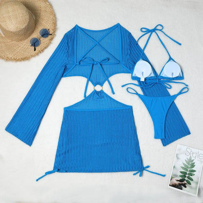Women micro mini halter bikinis sets 3pcs with knitted long sleeve hollow out mini dress swimsuit bathing suit beach outfits