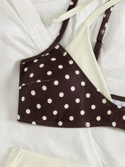 Coffee Polka Dot Print Patchwork Bikini Set 2026 Women Double Strap Push Up Bra High Waist Swimsuit Beach Bathing Suit Swimwear