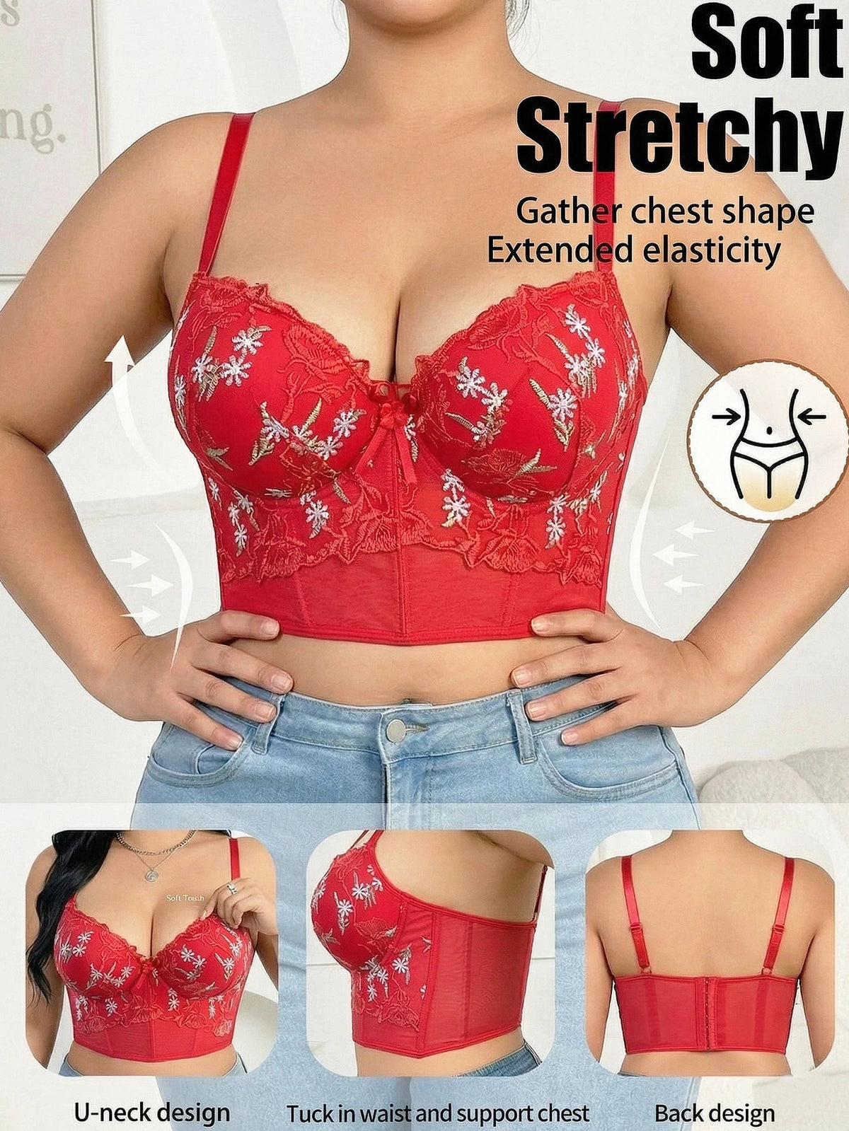 Plus Size Floral Embroidered Lace Bustier Bra – Push Up, Tummy Control &amp; Non-Slip Corset Top