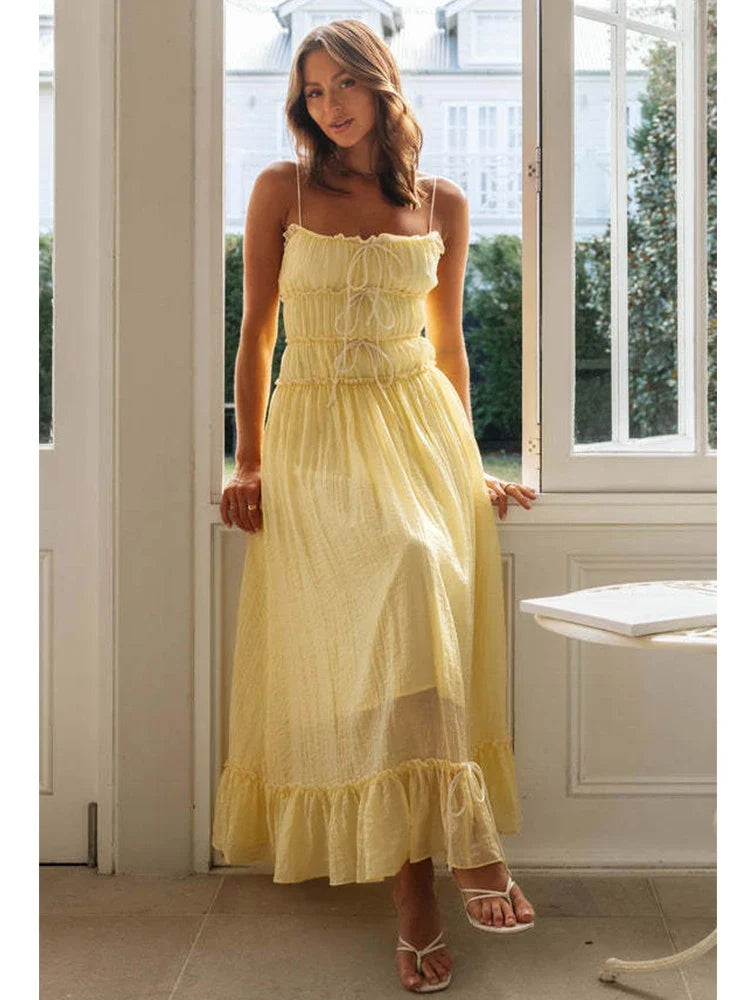 Foridol Spaghetti Strap White Sundress Flounced Edge Women&