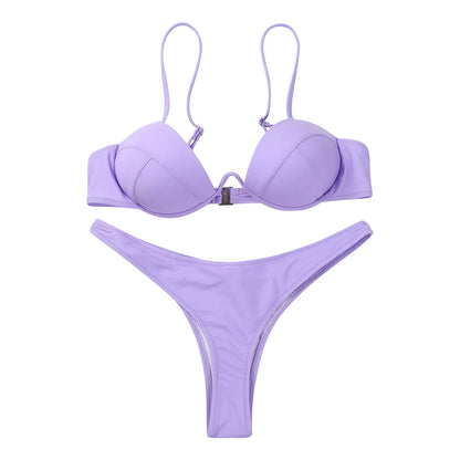 Women Push Up Two Piece Bikini Swimsuits Solid Color Bra Padded Swimwear Bathing Suit