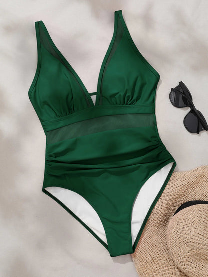 Solid Color One Piece Bikini for Women,sexy Deep-V Neck Suspender Backless Swimsuit,high Waist Translucent Striped Mesh Swimwear