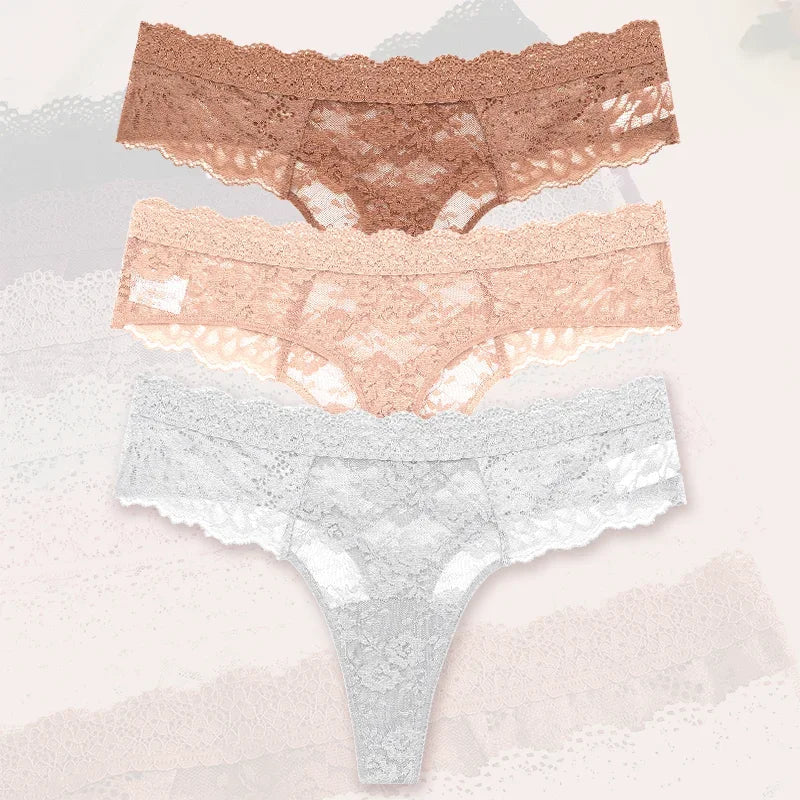 3-Piece Lace Thong Panties for Women – Seamless, Low-Rise Lingerie