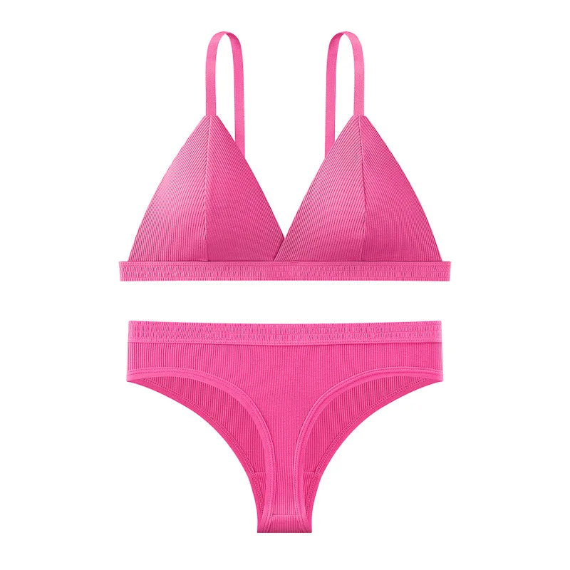 Women Cotton Bra and Panties Set Wireless Push-Up Bra Low-Waist Thongs G-string Sexy Lingerie Women&
