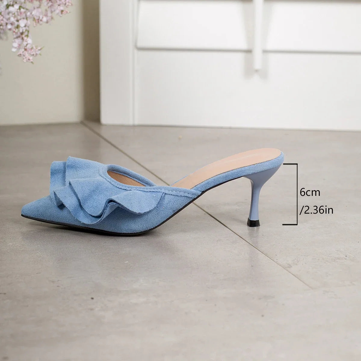 Women Pointed Toe Suede Ruffle Pleated Flare Cup Heel Slide Mules Slip‑On Party Dress Heeled Sandals Multi‑Color