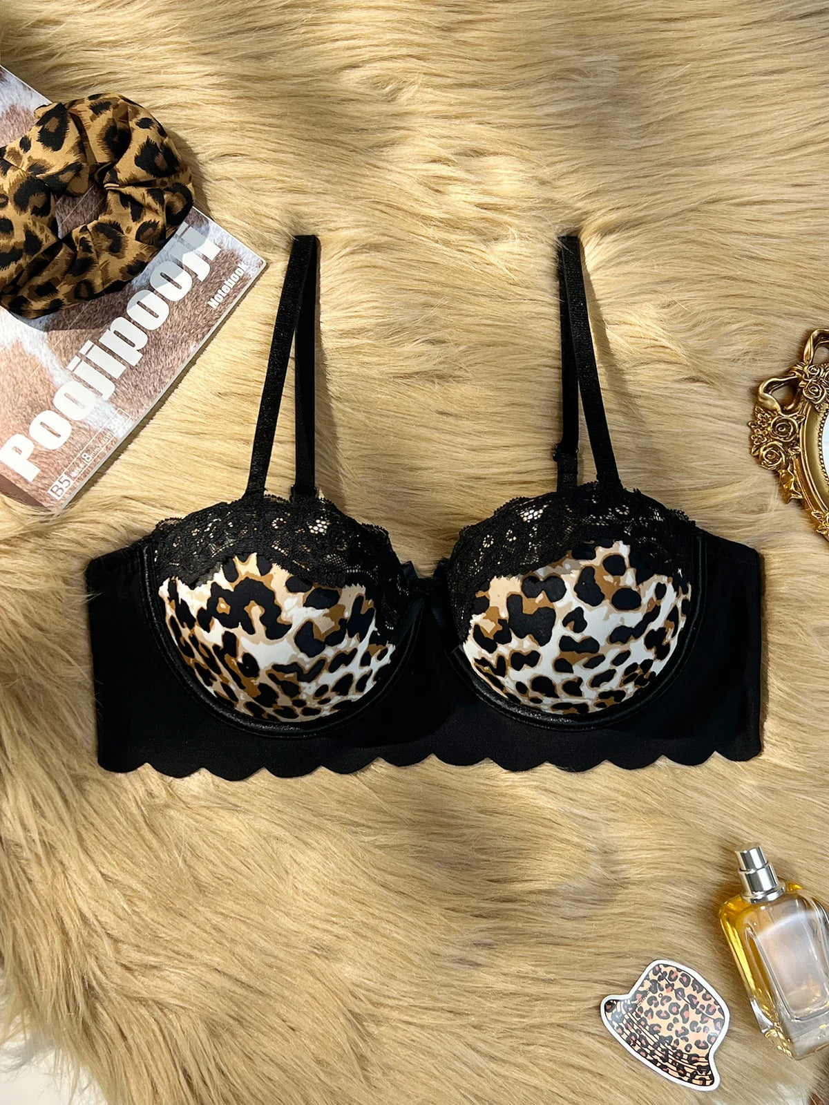 Sexy hot Lace trim spliced with leopard print bra Underwire Support &amp; Wavy Scalloped Edge Push up bra Women&