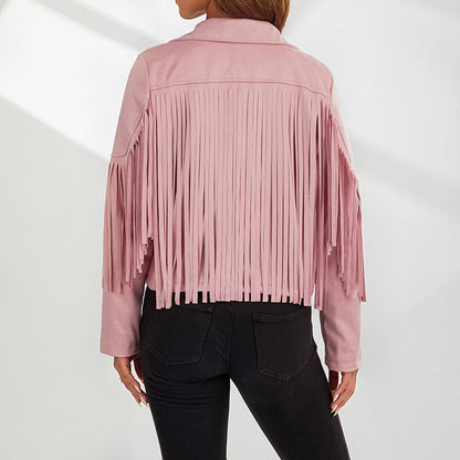 Women Spring Autumn Slim Long Sleeve Open Front Coat Solid Color Collared Jacket with Tassels Black/ Coffee/ Pink