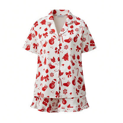 Women 2 Pieces Christmas Pajamas Sets V Neck Short Sleeve Christmas Themed Print Tops and Drawstring Waist Shorts Satin Suits
