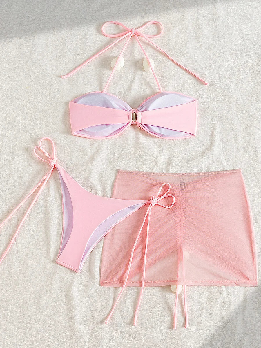 3D Flower Halter Bow Knotted Bikini Women Swimsuit Female Swimwear Three pieces Bikini Set Bather Bathing Suit Swim Beachwear