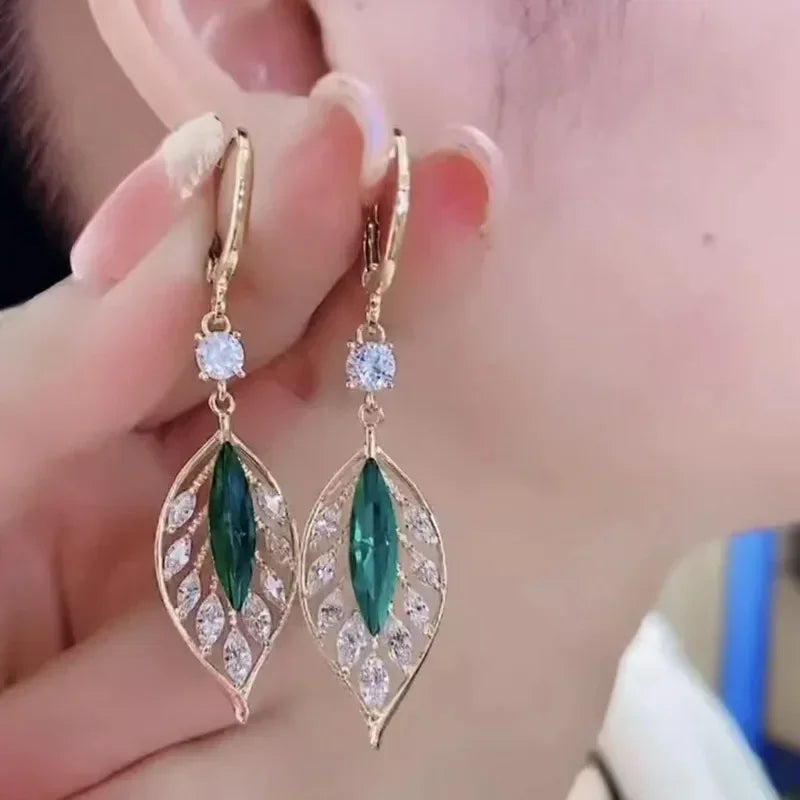 Green Shiny Zircon Flower Drop Earrings For Women Luxury Crystal Long Tassel Ear Line Hanging Earring Girls Wedding Jewelry Gift