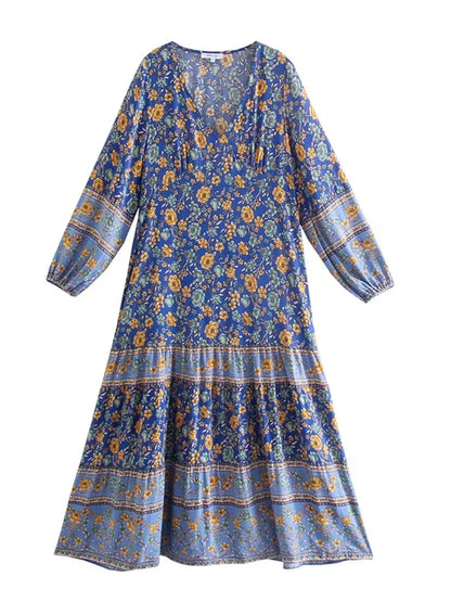 Foridol Bohemian Printed Floral Women Long Dress with Sleeve Spring Summer New in Midi Vestidos Casual Beach Boho Dress Women
