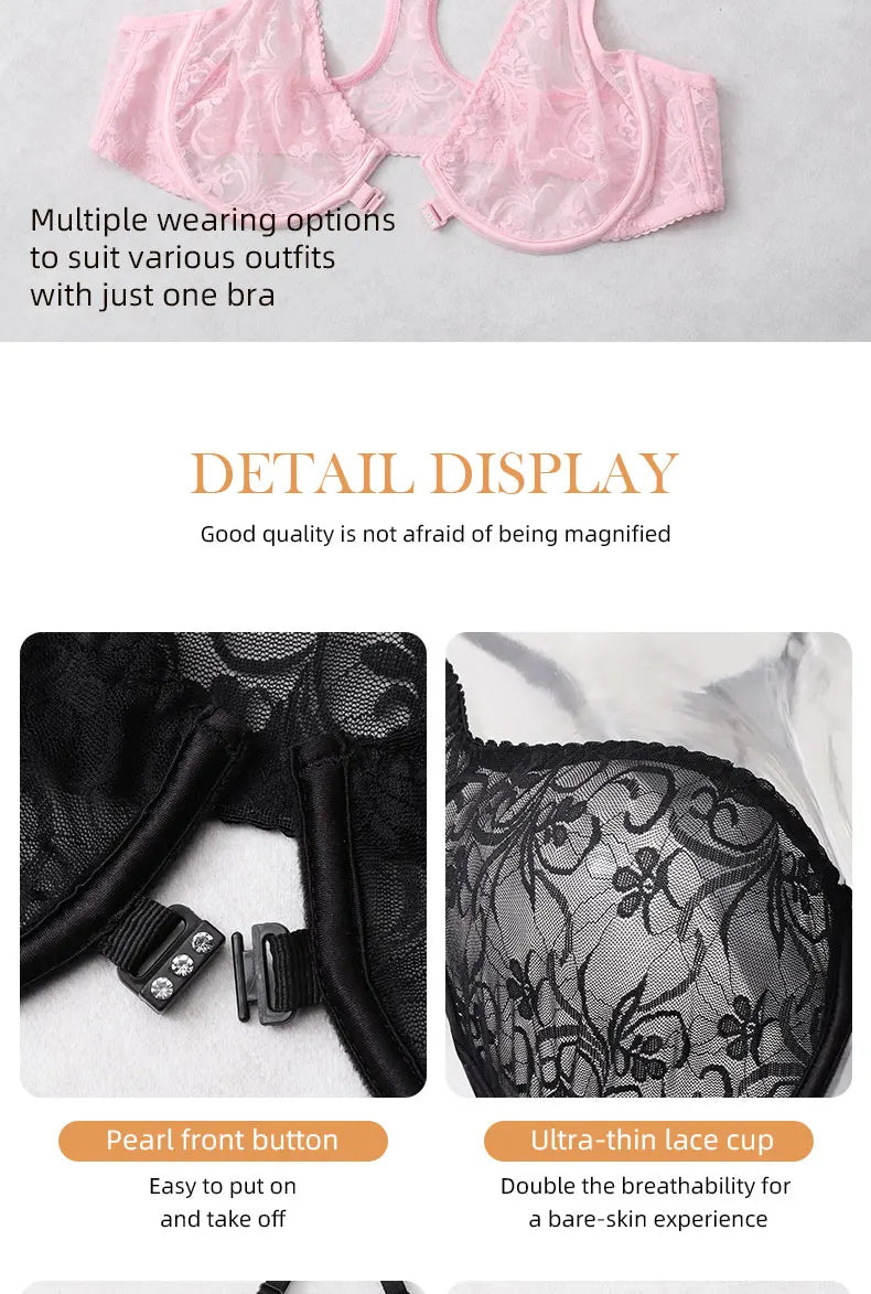 Womens Front Button Lace Bra Underwire Underwear Elegant Embroidery Beautiful bBack Plus Size Lingeire A B C D E F Cup