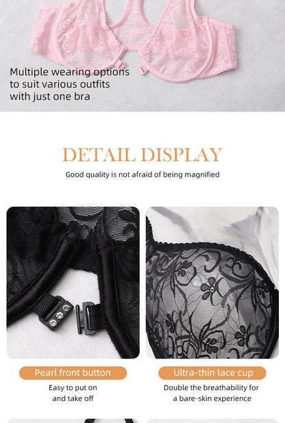 Womens Front Button Lace Bra Underwire Underwear Elegant Embroidery Beautiful bBack Plus Size Lingeire A B C D E F Cup