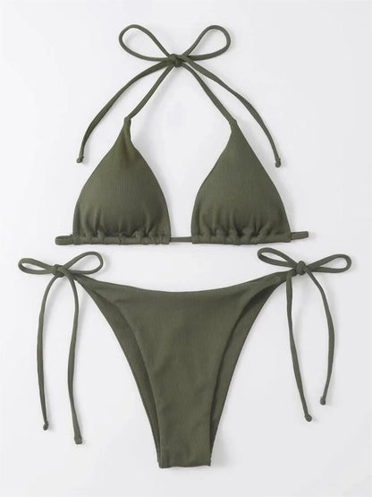 Sexy Brown Bikini 2026 Women Solid Red Halter Push Up Bra Tie Side Triangle Swimsuit Summer Bathing Suit Lace Up Micro Swimwear