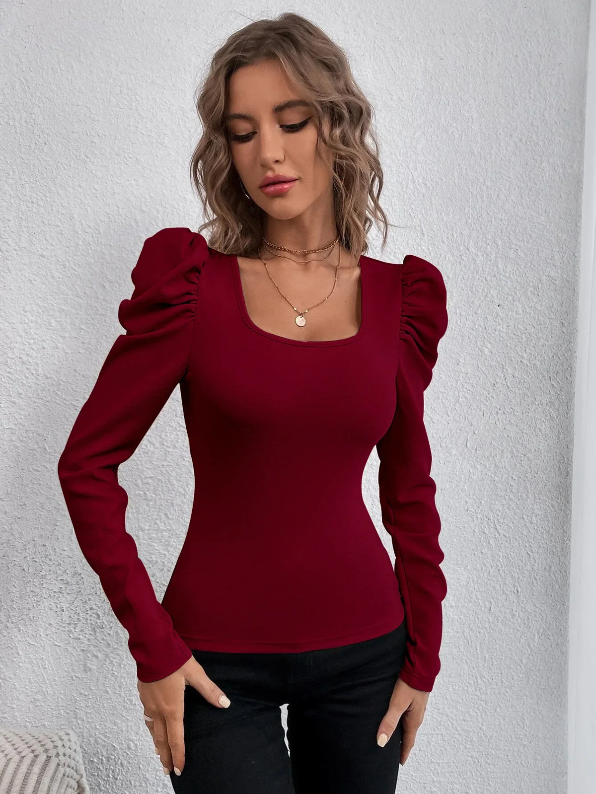 Phantasy New Y2k Tops Fashion Square Collar Slim Leg Sleeve Knitted Bubble Long Sleeve T-shirt Casual Style Vintage Clothing