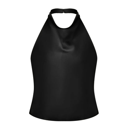 Women Summer Halter Neck Vest Sleeveless Open Back Solid Color Satin Tank Tops