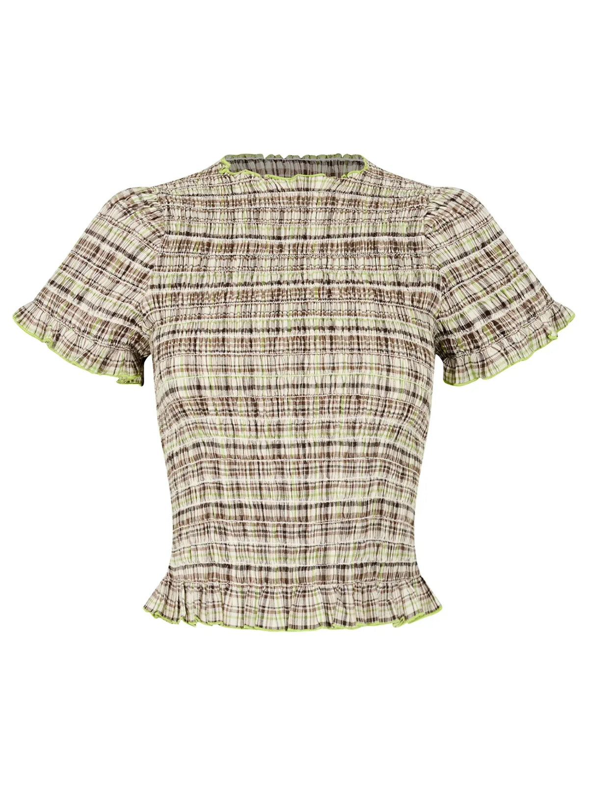 Women Casual Summer Plaid Print Shirred Tops Slim Mock Neck Short Sleeve Crop Ruffle T-shirts Streetwear