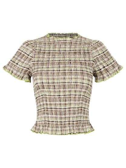Women Casual Summer Plaid Print Shirred Tops Slim Mock Neck Short Sleeve Crop Ruffle T-shirts Streetwear