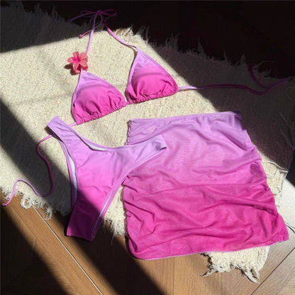 With Skirt Gradient Halter Bikini Female Swimsuit Women Swimwear Three-Pieces Bikini Set Padded Bather Bathing Suit Swim V7044