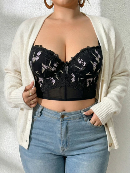 Plus Size Floral Embroidered Lace Bustier Bra – Push Up, Tummy Control &amp; Non-Slip Corset Top