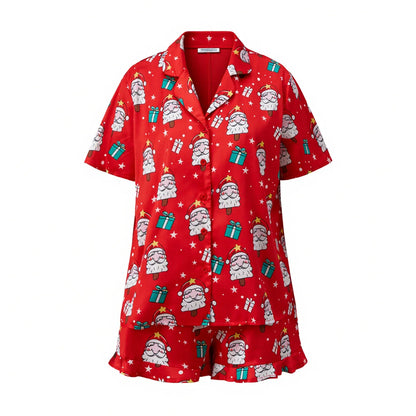 Women 2 Pieces Christmas Pajamas Sets V Neck Short Sleeve Christmas Themed Print Tops and Drawstring Waist Shorts Satin Suits