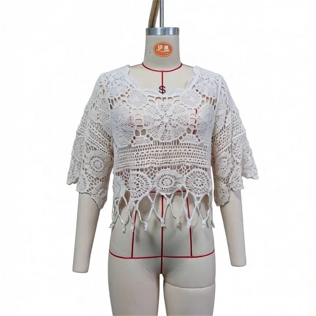 Half Sleeve Hollow Out Solid Crochet Knitted Tunic Beach Cover Up Cover-ups Beach Dress Beach Wear Beachwear Female Women V8401