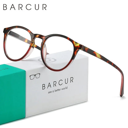 BARCUR Simple Men’s Presbyopia Glasses Comfortable Lightweight Leopard Pattern PC Anti-Slip Round Frame Transparent Acrylic Lenses for Women’s Reading Glasses