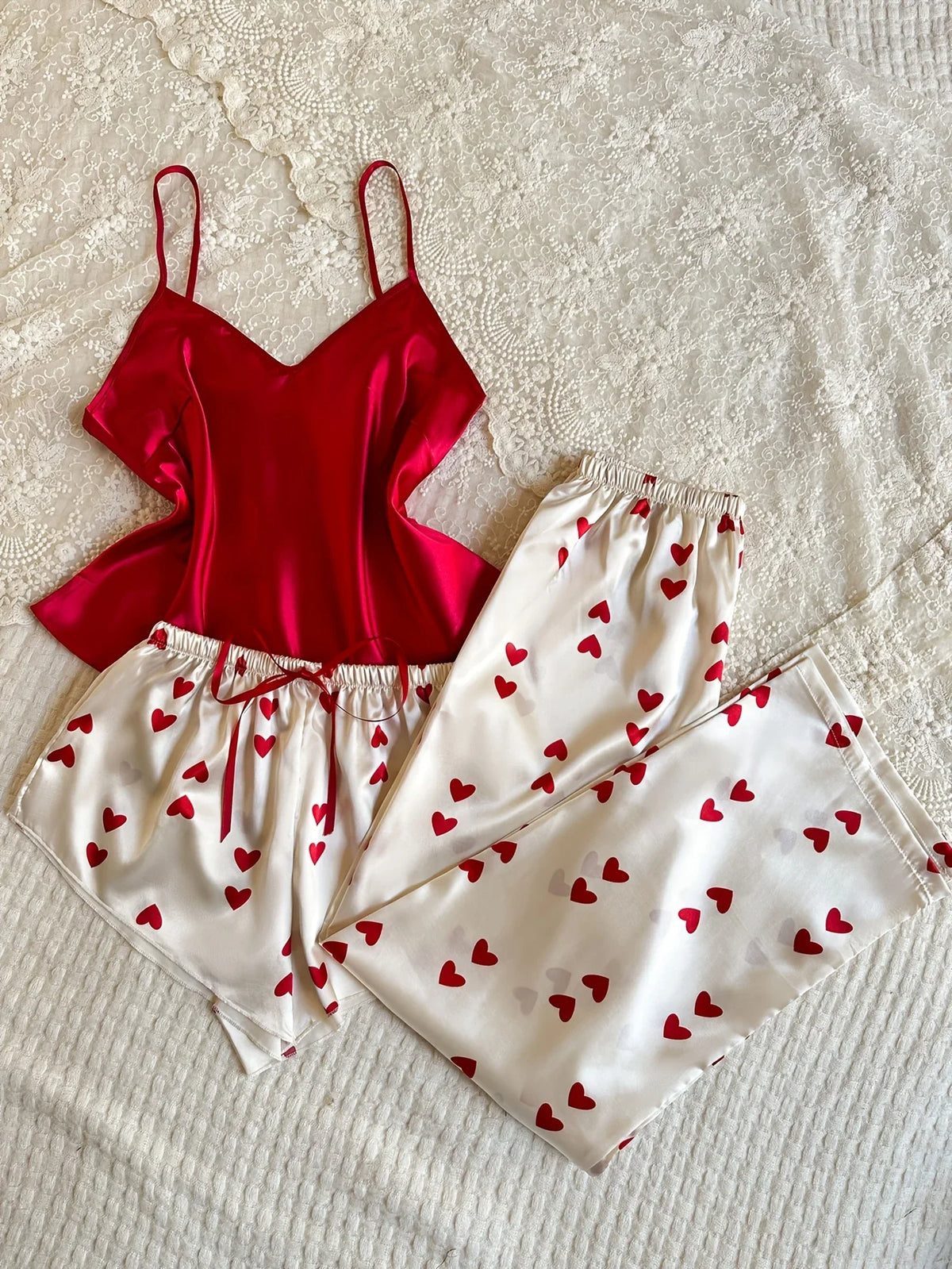 Women 3 Piece Heart Print Pajama Set Solid Color V Neck Top with Shorts Long Pants Romantic Dashion Ladies Sleepwear Loungewear