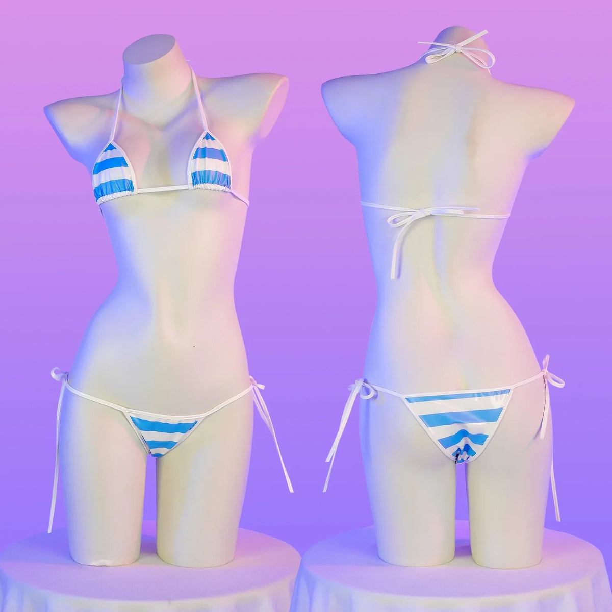 PU Leather Micro Bikini Set Women Swimsuit Japanese Kawaii Stripes Bra Set Sexy Lingerie Underwear Summer Swimwear Costume