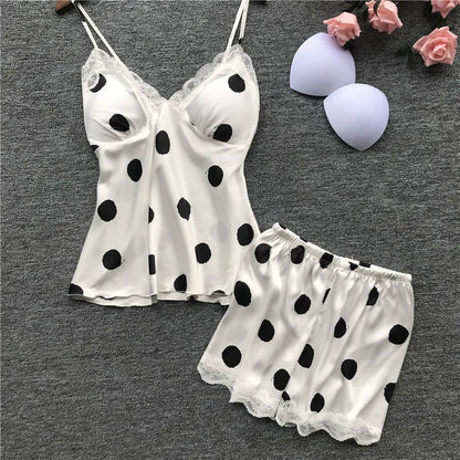 Polka Dot Print Satin &amp; Lace Cami Shorts Set with Built-in Soft Padded – Top-Rated Women&