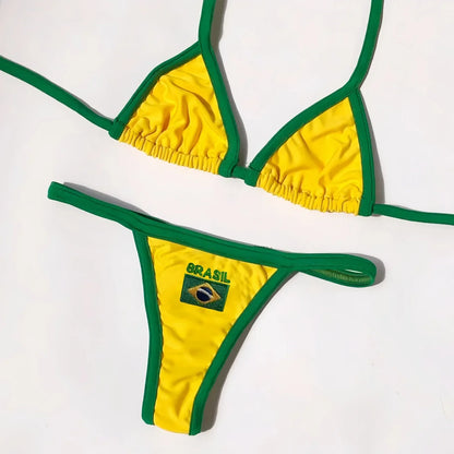 Solid color sexy embroidered Brazilian flag bikini set, women&