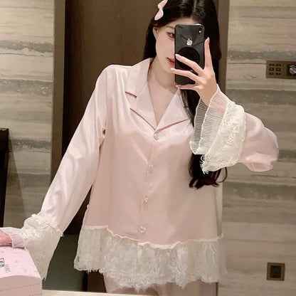 Spring and Autumn Satin New Style Temperament Ice Lace Lace Lace Silk Light Luxury Sleepwear Women&