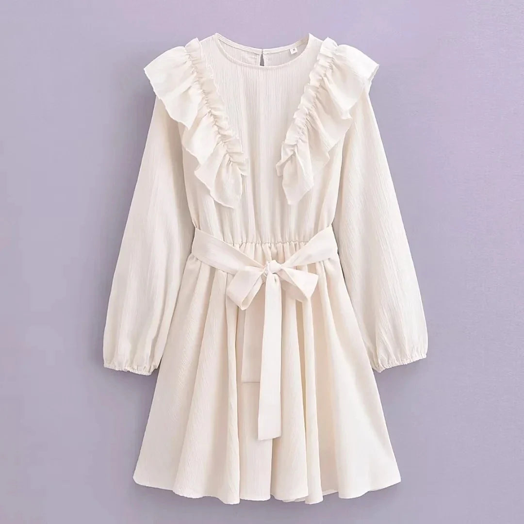Foridol Ruffles Tierred Beige Lantern Sleeve Women&