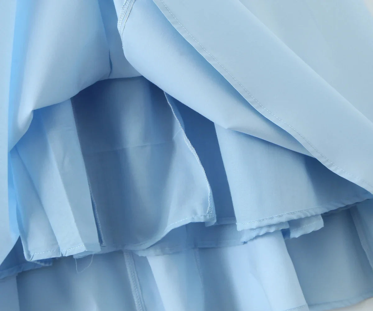 Bowknot Ruffles Light Blue Midi Dress Women&