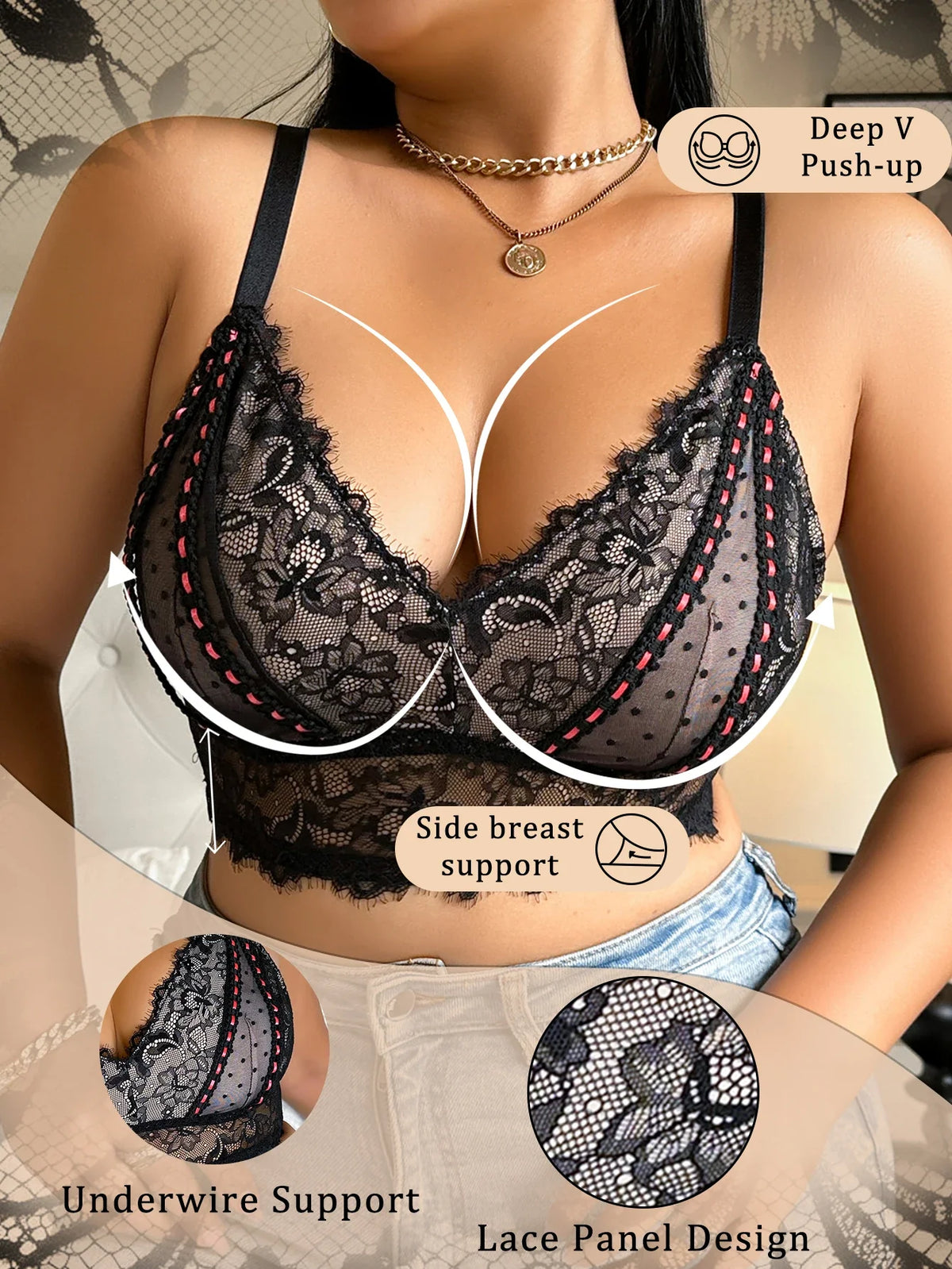 Sexy lace thin plus size lingerie without underwire bra women&