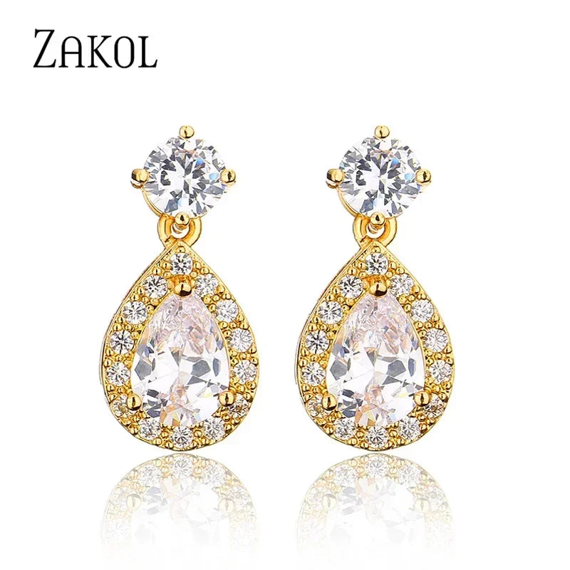 ZAKOL Classic Water Drop Cubic Zircon Bridal Dangle Earrings for Women Girl Trendy CZ Crystal Wedding Engagement Jewelry