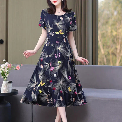 New Fashion Casual 2024 Summer Elegant Dresses For Women O-Neck Print Vintage Short Sleeve Dress Loose Women Clothing