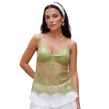 Women Summer Solid Color Party Club Lace Camisole Sheer Mesh Spaghetti Strap V Neck Slim Fit Tank Tops