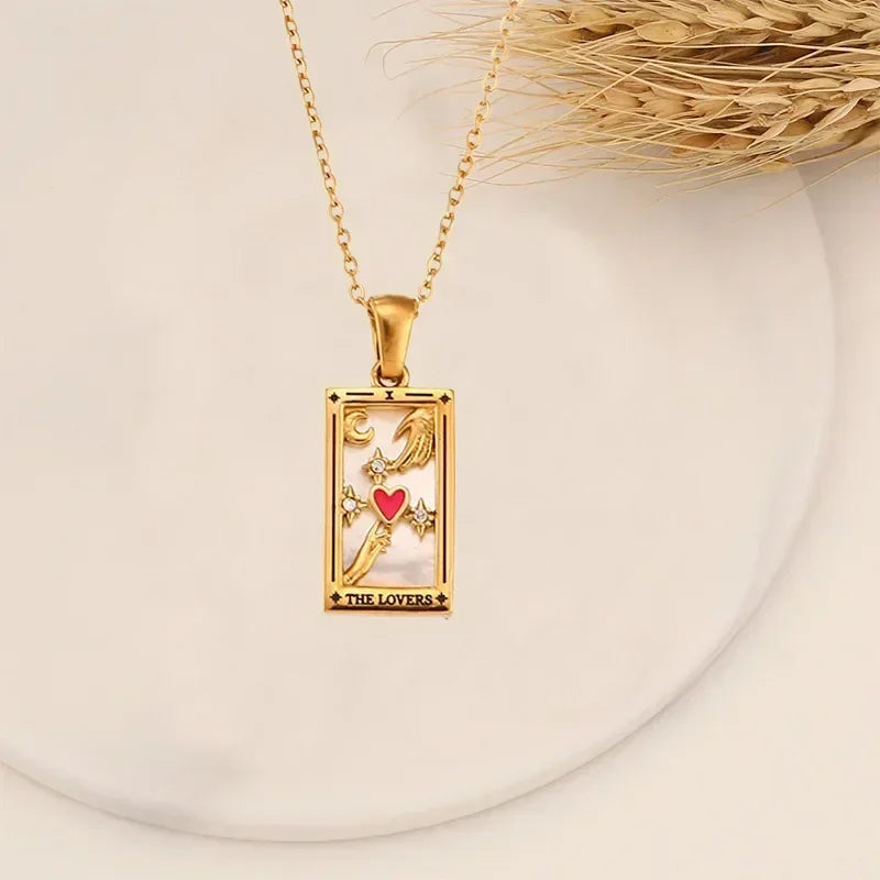 YILUOCD Original Zirconia Tarot Card Necklace Classic Tarot Queen Lover Magician Moon Wealth Amulet Stainless Steel Jewelry