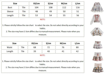 Batwing Sleeve Women Autumn Embriodery Paisley Print Skirt Set Outfits V Neck Button Tiered Mini Skirt Dress Suit Vintage Set
