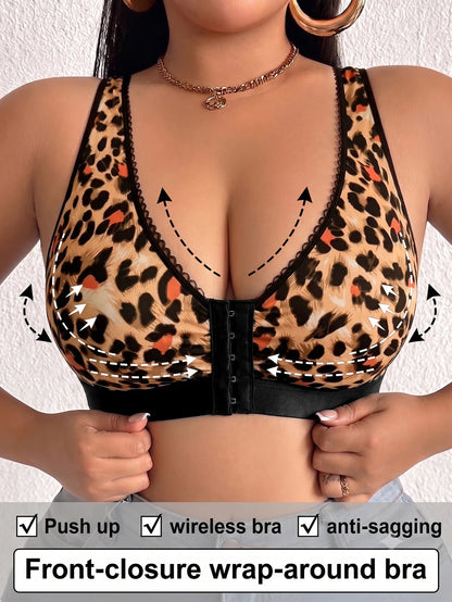 Full Cup Plus Size Women Bra Front Closure Wireless Unlined Thin Cup Gathering Brassiere Comfort Side Support Everyday Bra