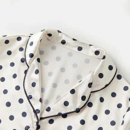 Women 2025 Two Pieces Pajamas Sets Long Sleeve Lapel Button Down Dot Tops with Drawstring Elastic Pants Fall Satin Sleepwear