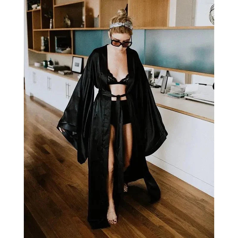 2019 New Solid Robes Women Black Red Long Sleeve Nightgown Ladies Girls Silk Satin Smooth Spring Lace Sleepwear Female Bathrobe
