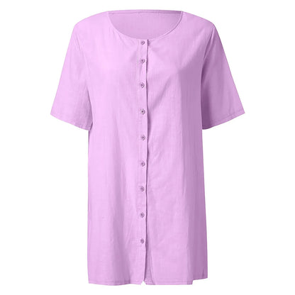 Cotton Linen Breathable And Comfortable Mid Length Oversized Button Down Half Sleeve O-neck Cardigan Casual Beach Suncreen Top