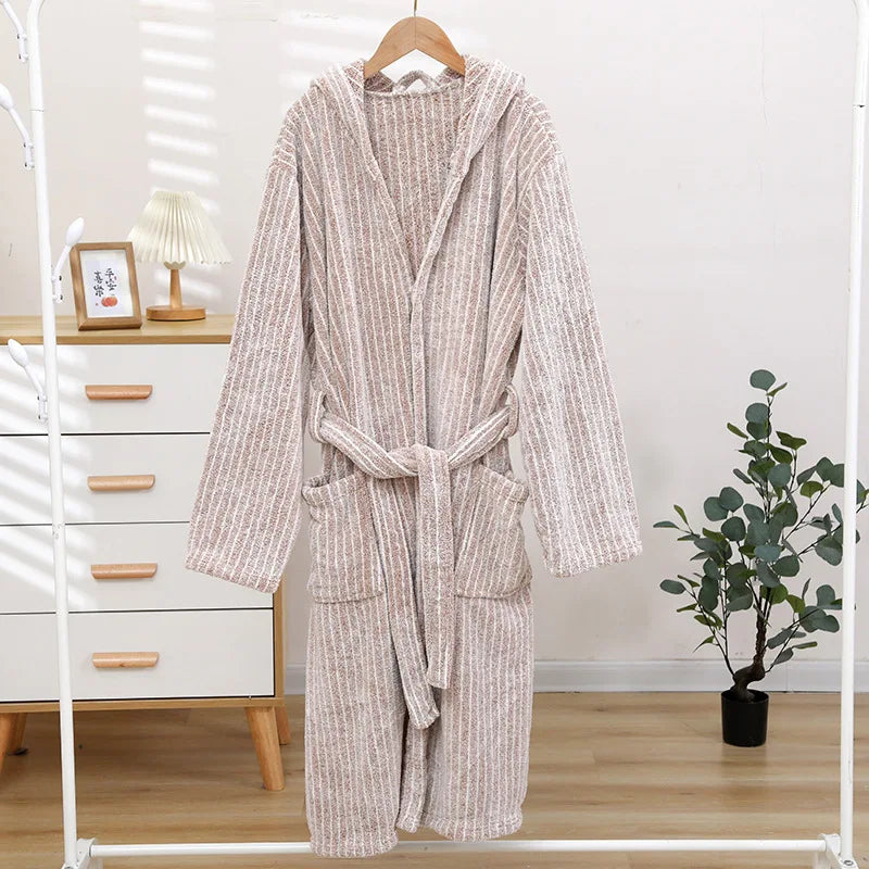 1pcs Unisex Autumn Stripe Bathrobe Hooded Kimono Bath Robe Night Cozy Sleepwear Women Dressing Gown Home Clothes 2025 New