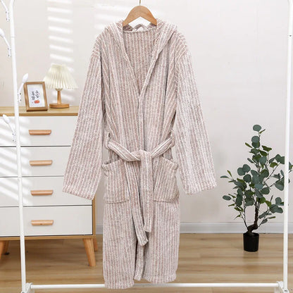 1pcs Unisex Autumn Stripe Bathrobe Hooded Kimono Bath Robe Night Cozy Sleepwear Women Dressing Gown Home Clothes 2025 New