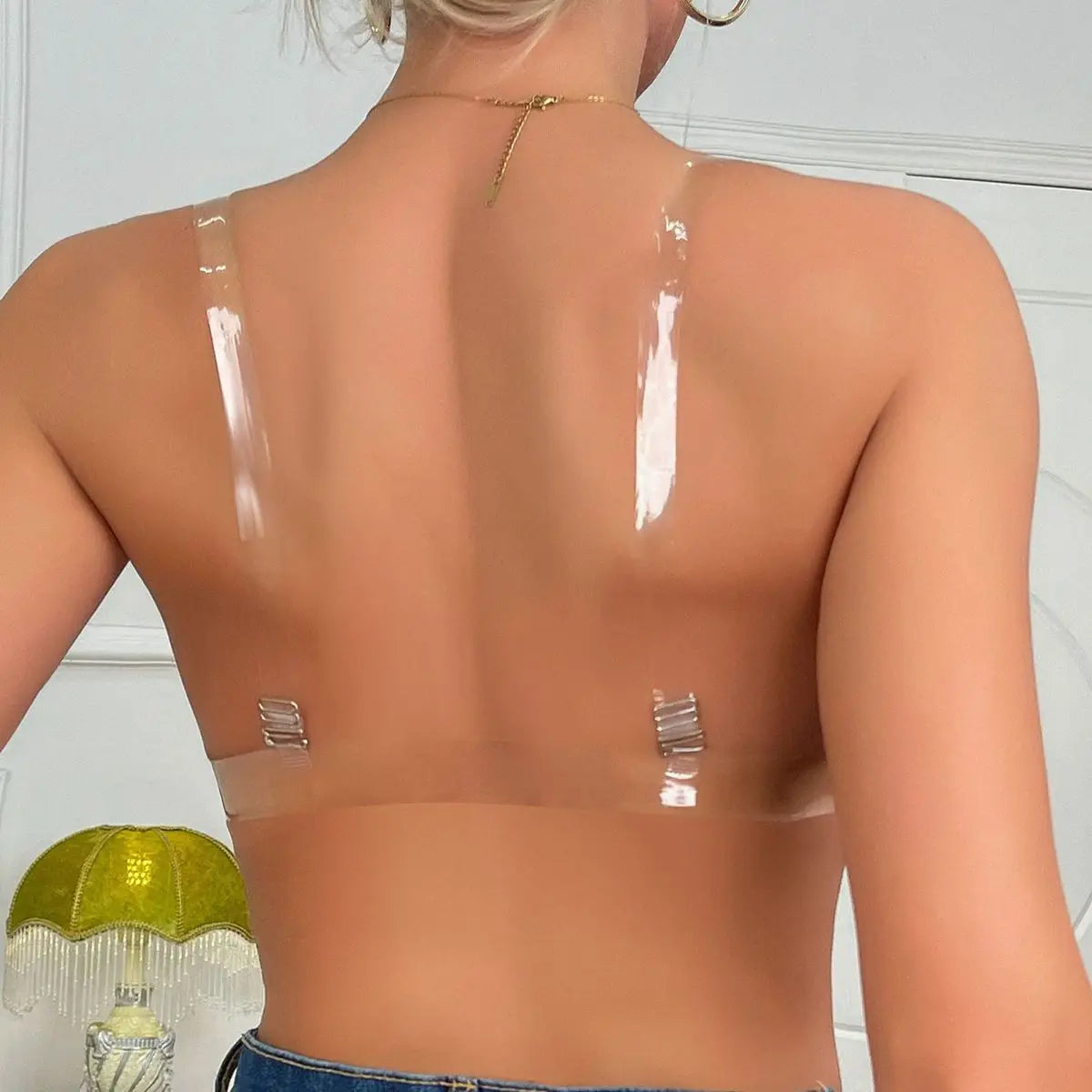 BEAUWEAR Backless Bra with Transparent Straps Thick Pad Push Up Bra with Wire Contrast Color Lace Underwear B C Cup