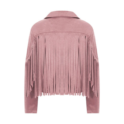 Women Spring Autumn Slim Long Sleeve Open Front Coat Solid Color Collared Jacket with Tassels Black/ Coffee/ Pink