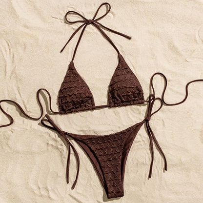 Sexy Coffee Wrinkled String Halter Bikinis Sets Two Pieces Tie Thong Swimsuit Bathing Suit Swimwear Biquini Bakini Tankini