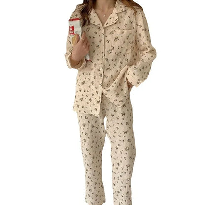 Spring New Long-Sleeved Pajamas Female Rustic Style Floral Imitation Cotton Wrinkled Cloth Loose Girls Sweet Pajamas Homewear Se